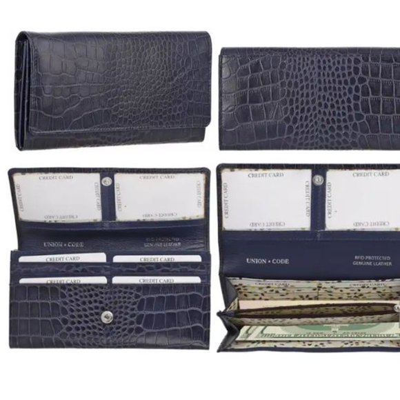Leather  Croc Wallet - Navy - Picture 1 of 1